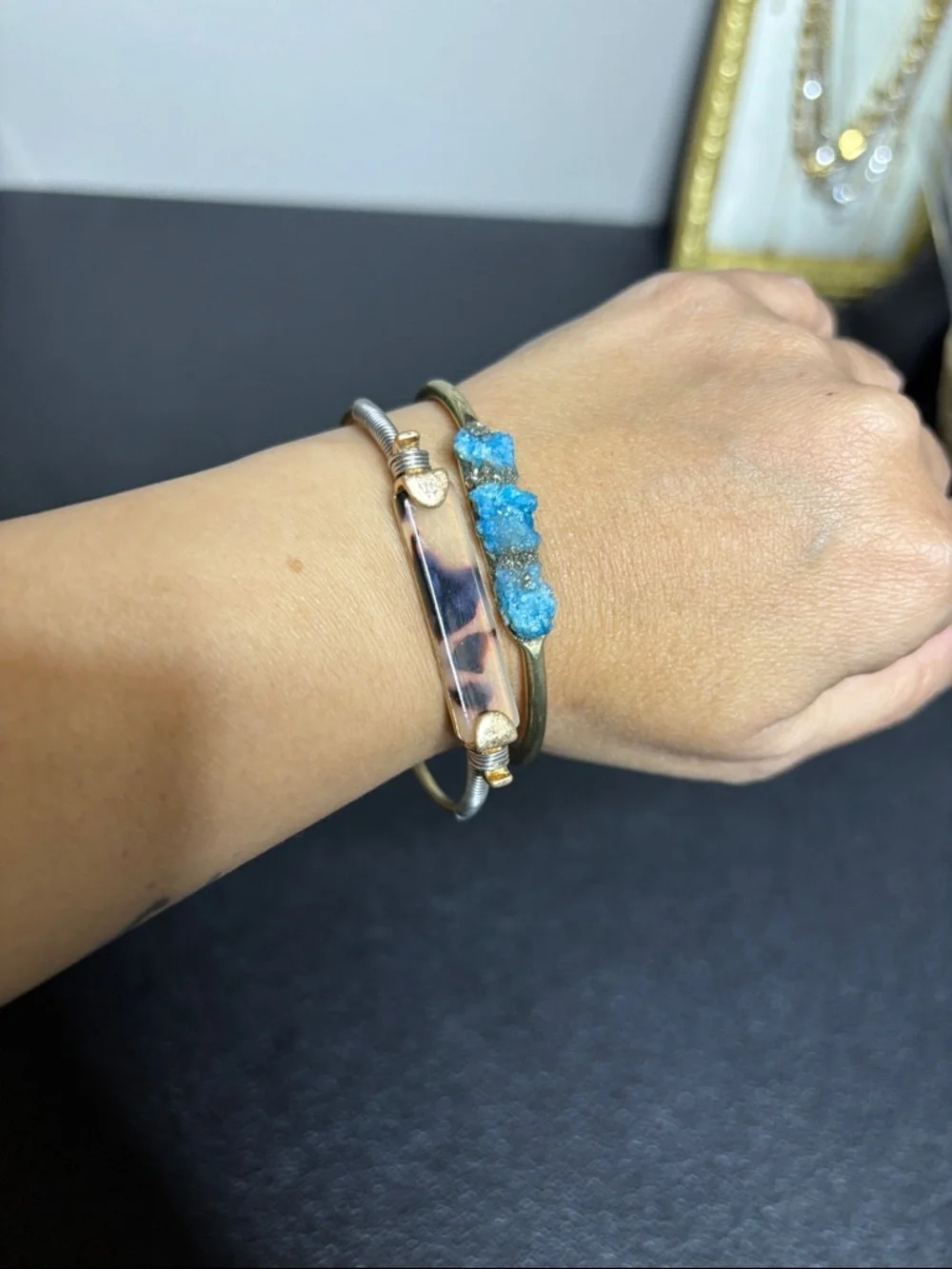 Bundle of Blue Gold Druzy Animal Print Cuff Bangle Bracelet